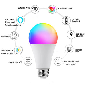 Smart WiFi Alexa Light Bulbs LED RGB Color - tekshop.no